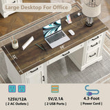 Furniouse 58" Executive Desk, Farmhouse Computer Desk with Drawers and Cabinet with Charging Station, Wooden Home Office Desk, Workspace for Work Study Writing, Brown Tabletop, Off White Furniouse