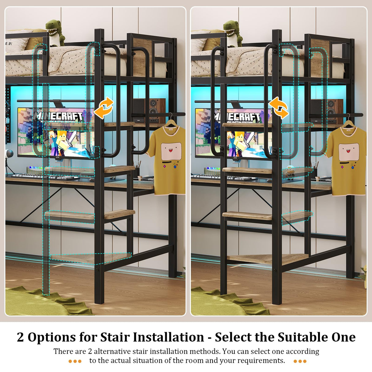 busyaeh Twin Size Loft Bed with L-Shaped Desk and Storage, Bunk Bed with Desk Underneath Drawers, Metal Twin Loft with Clothes Rail, Safety Guard & Stairs, LED Lights, Charging Station, Oak Gray busyaeh