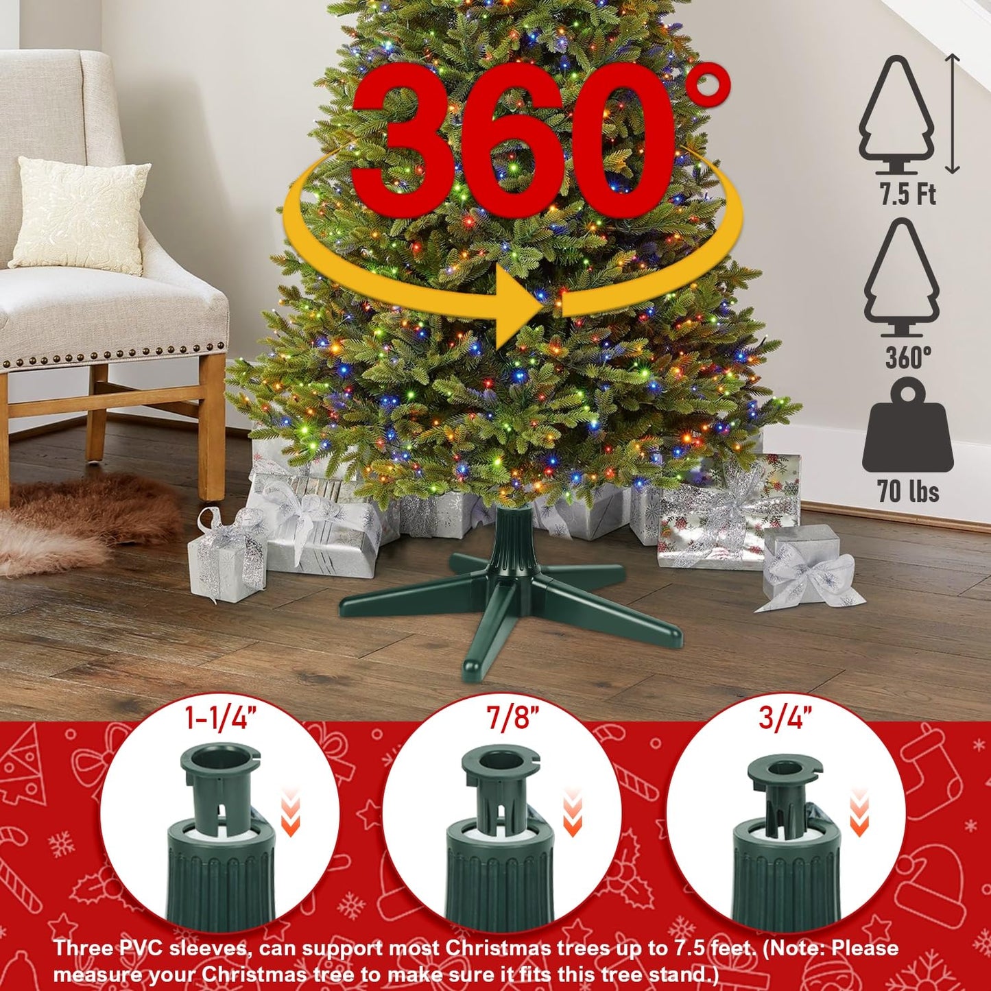 Blissun 360-Degree Rotating Adjustable Christmas Tree Stand, Suitable for Up to 7.8 Feet Artificial Christmas Trees, Dark Green