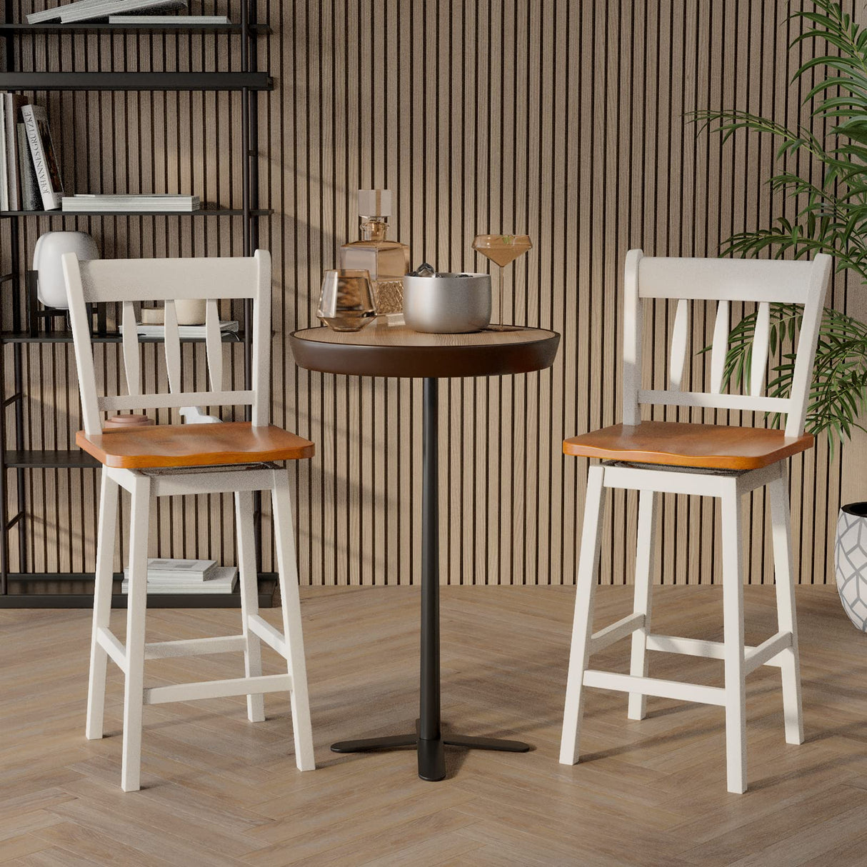 COSTWAY Set of 2 24.5-Inch Swivel Bar Stools in White Rubber Wood with Footrest and Ergonomic Design COSTWAY