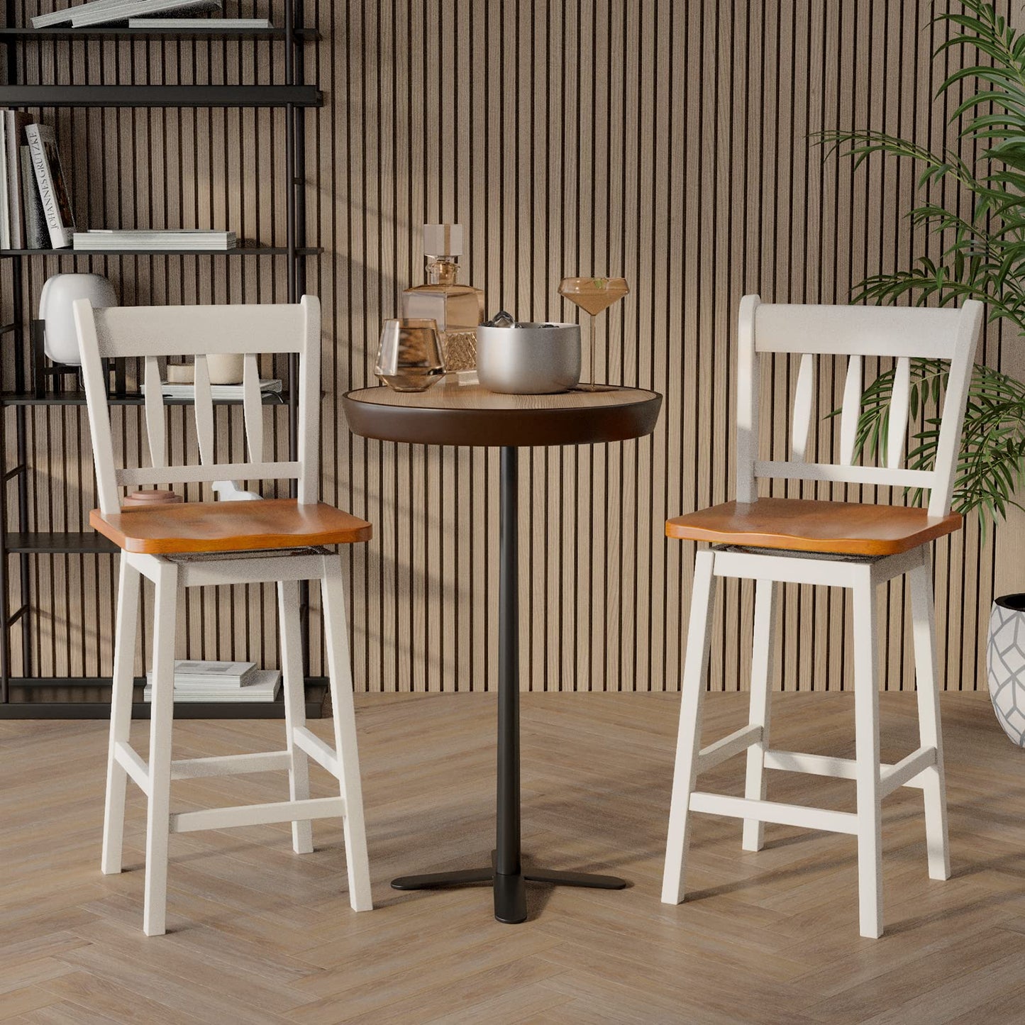 COSTWAY Bar Stools Set of 2, 24.5 Inch Rubber Wood Bar Chairs with 360°Swiveling, Footrest, Swivel Counter Height Barstools Ideal for Kitchen Island,
