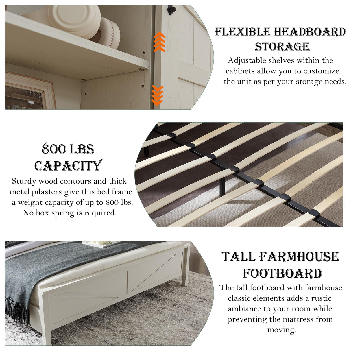 RedLemon Farmhouse Queen Size Bed Frame with Bookcase Headboard, Sliding Barn Door, Storage Cabinet, Charging Station, Wood Slats Support, No Box Spring Needed, Antique White RedLemon
