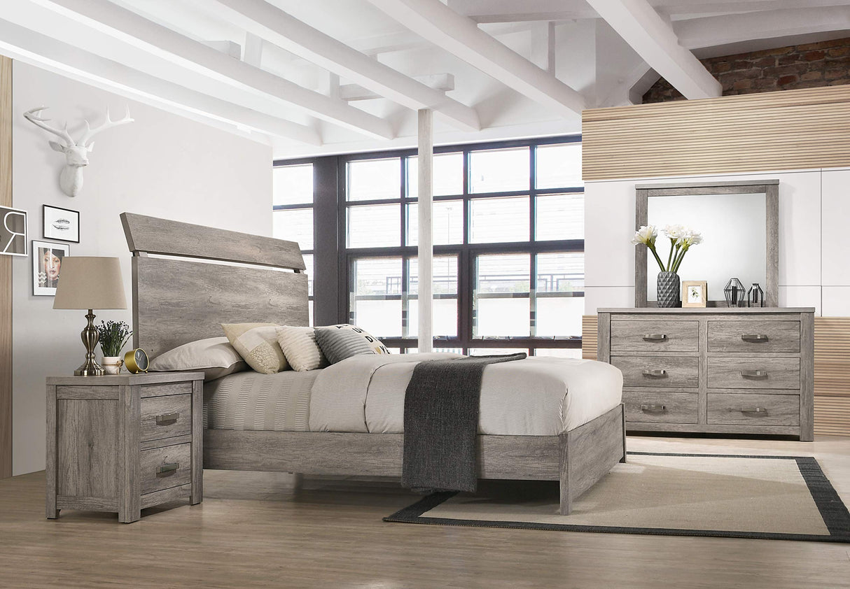 Roundhill Furniture Floren Contemporary Weathered Gray Wood Bedroom Set, Queen Panel Bed, Dresser, Mirror, Two Nightstands, Chest Roundhill Furniture