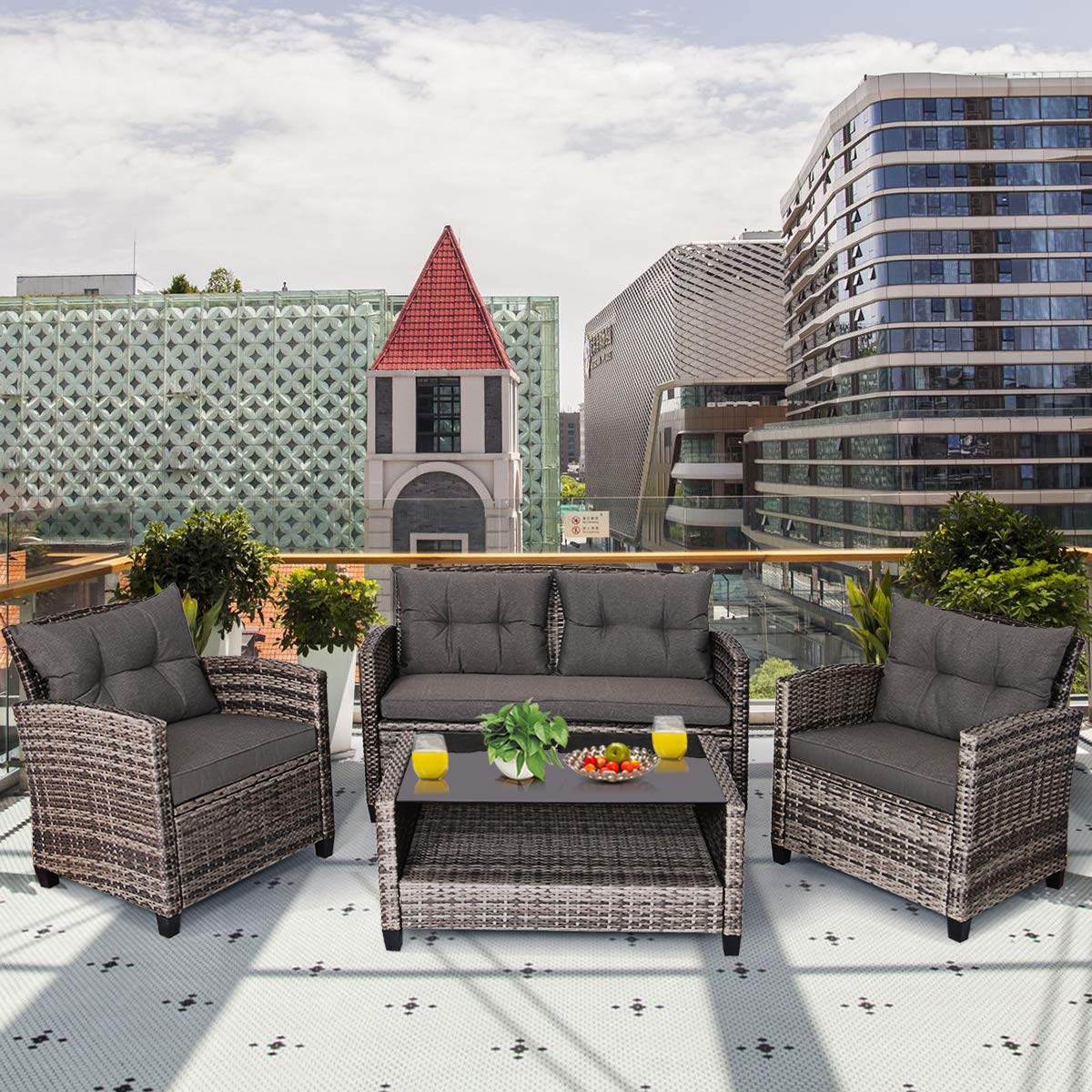 Tangkula 4 PCS Patio Wicker Conversation Furniture Set, Outdoor Rattan Sofa Set with Padded Cushion & Tempered Glass Coffee Table, Wicker Sectional Sofas & Table for Courtyard Balcony Garden (1, Grey) Tangkula