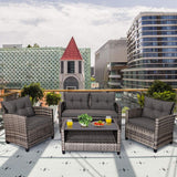 Tangkula 4 PCS Patio Wicker Conversation Furniture Set, Outdoor Rattan Sofa Set with Padded Cushion & Tempered Glass Coffee Table, Wicker Sectional Sofas & Table for Courtyard Balcony Garden (1, Grey) Tangkula