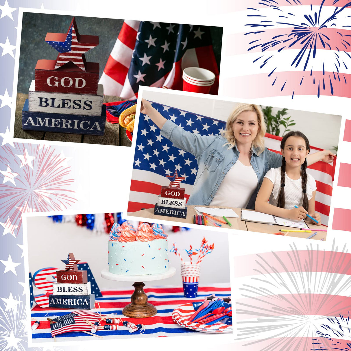 Huquary 4 Pcs Farmhouse 4th of July Patriotic Table Sign Independence Day Table Wood Decorations Patriotic Themed Rustic Farmhouse Wood Block Sign for Party Home Desk (Flag) Huquary