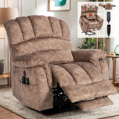 EPICOZY Tall Man Dual Motor Oversized Power Lift Recliner Chair with Extended Footrest, Lay Flat Sleeper Electric Lift Recliner with Massage and Heat, Lumbar Pillow, USB & Type-C Port, Plush Brown EPICOZY