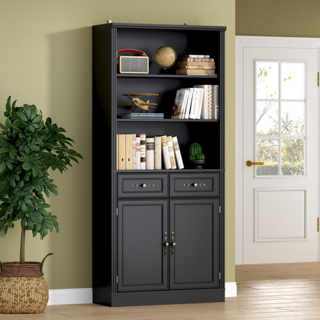 BORNOON 71.4" Tall Bookshelf with Drawers & Cabinet, 5-Tier Floor Standing Bookcase with Storage Doors, Adjustable Shelves & Metal Handles, 31.5" Wide Organizer for Home Office, Living Room BORNOON