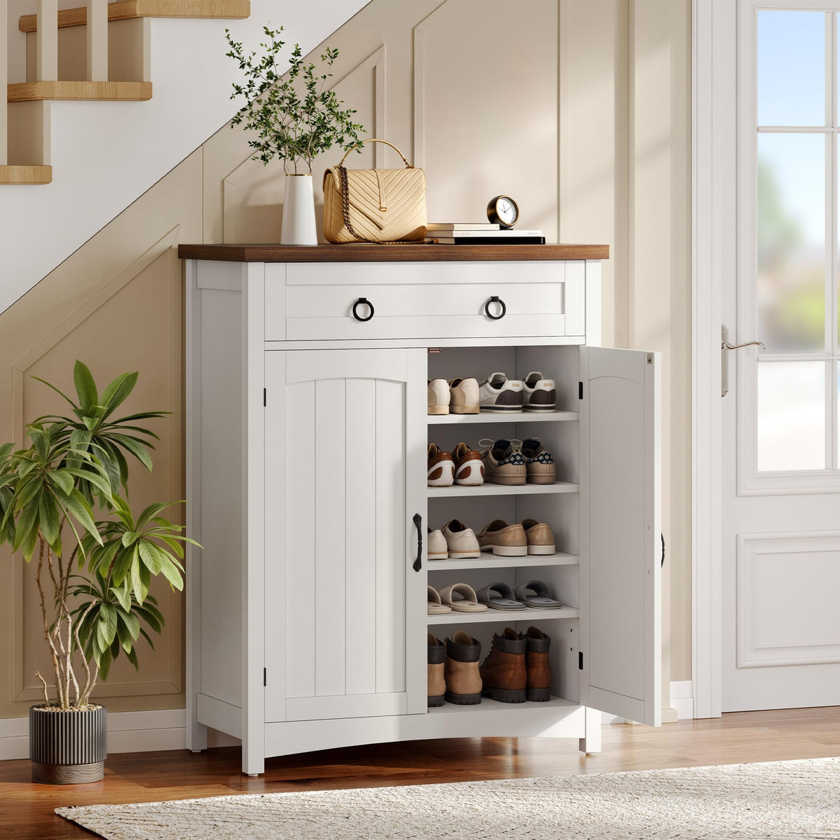 DWVO 5-Tier Shoe Storage Cabinet, Farmhouse Shoes Rack Cabinet with Adjustable Shelf, 43" Tall Shoe Organizer with Drawer & Doors for Entryway Hallway Living Room Closet (White) DWVO