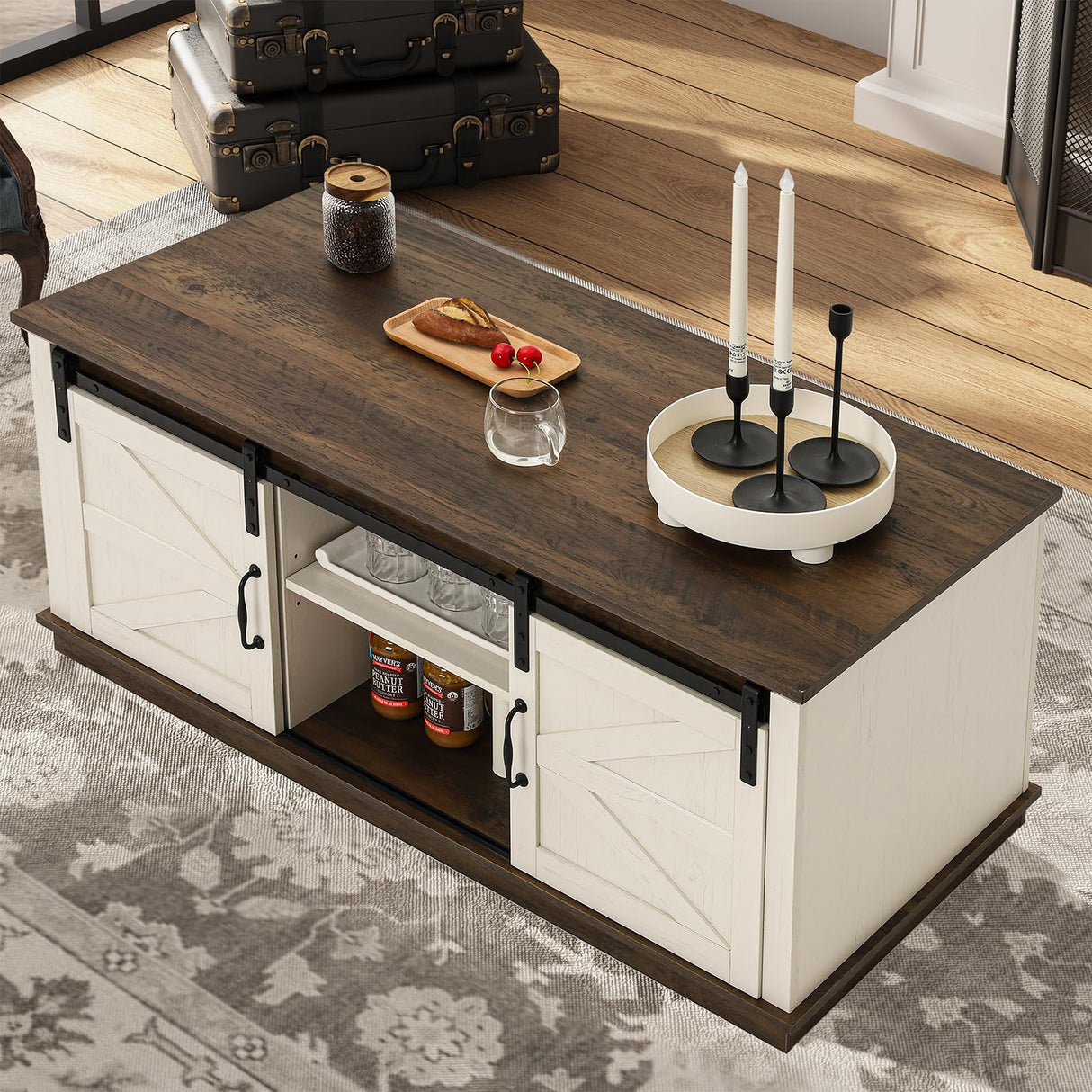 UPOSOJA Farmhouse Coffee Table for Living Room with Storage & 4 Sliding Barn Doors, Adjustable Shelves, Modern Rectangular Rustic Living Room, Meeting Room, Hall Coffee Tables (White Brown) UPOSOJA