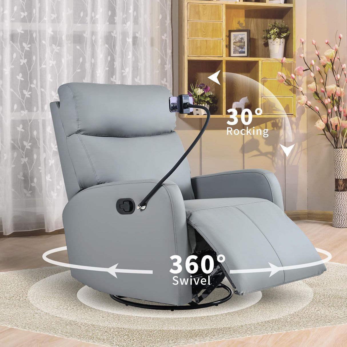 CHSICFOR Manual Swivel Recliner Chair,Nursery Reclining Sofa Chair with Lumbar Support, Adult Soft Padded Faux Leather Glider Recliner with 360° Free Rotation,Removable Phone Holder,Blue Gray CHSICFOR