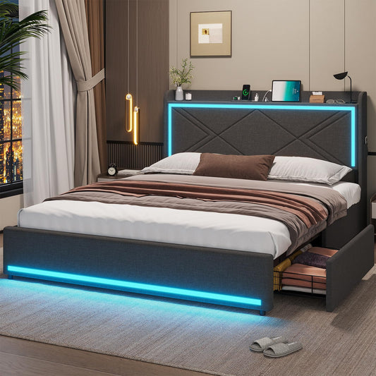 HAUOMS Modern Upholstered LED Full Bed Frame with Storage Headboard and USB Charging Station - Dark Grey - WoodArtSupply