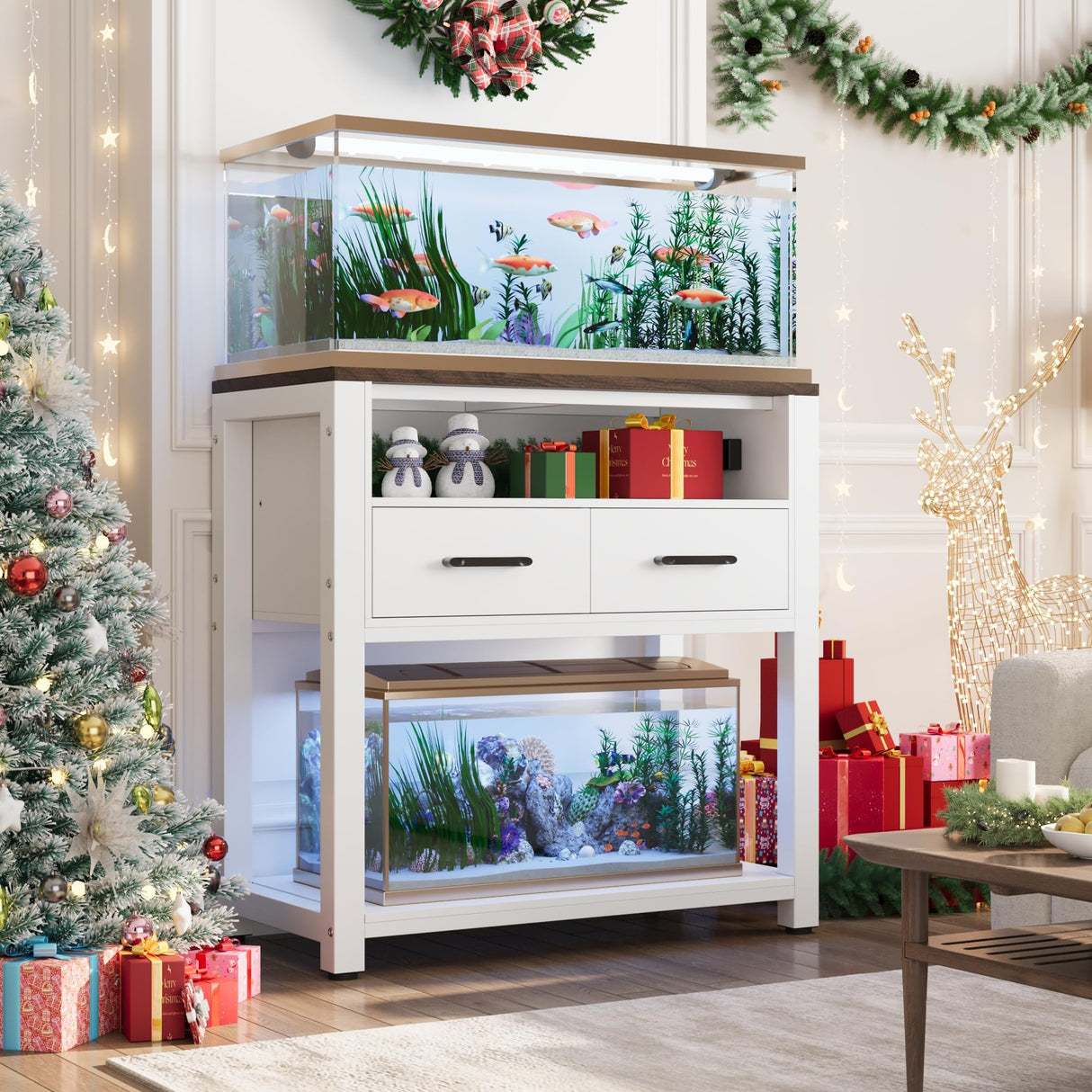 EOSVALO 20-29 Gallon Aquarium Stand with Stable Metal Frame & Power Outlet, Heavy-Duty Fish Tank Stand with Waterproof Mat, 550LBS Capacity Storage Cabinet, White+Brown EOSVALO