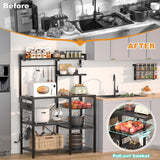Aheaplus Bakers Rack with Power Outlet and LED Light Strings, Microwave Oven Stand Kitchen Storage Shelf with Wire Basket, Coffee Bar Station Island Table with 10 Hooks for Spices, Pots, Pans, Black Aheaplus