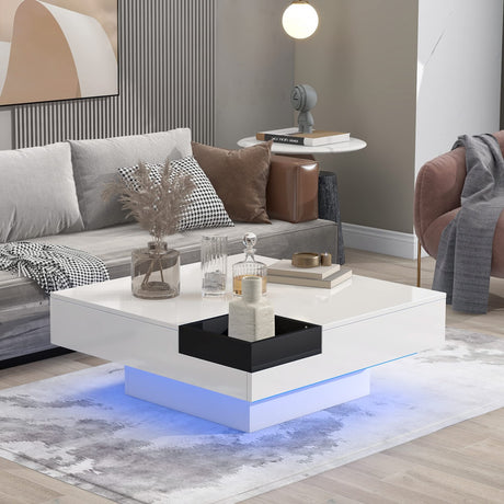 Betoko LED Coffee Table 31.5 Inch Modern High Gloss Coffee Table with 16-Color LED Light and Remote Control Square Cocktail Table with Plug-in Lighted Side Table for Living Room (White) Betoko