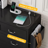 DWVO Farmhouse 7 Drawer Dresser for Bedroom, Large Modern Dresser TV Stand with Large Drawers & Bar Handles, Storage Dressers with Power Outlets, Rustic Wood Chest of Drawers, Black DWVO