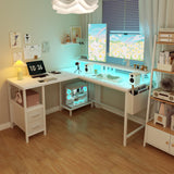 Lufeiya White L Shaped Computer Desk with Fabric Drawers, 47 Inch Corner Home Office Desk with Monitor Stand Shelves, Writing Study Gaming Desks with Led Lights and Power Outlets for Bedroom, White Lufeiya