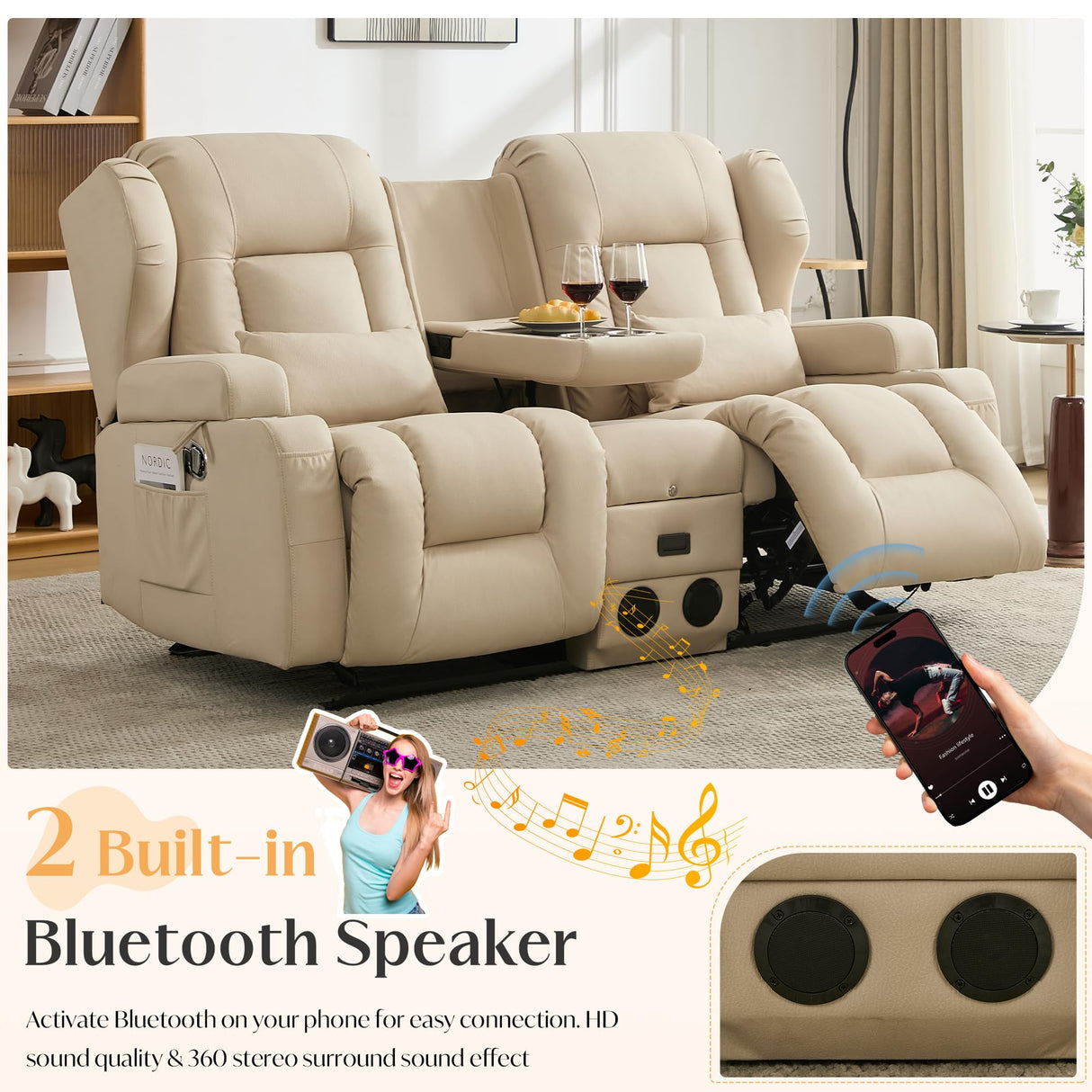 DRMBOOK Loveseat Rocker Recliner Sofa, Leathaire Fabric Double Reclining Couches with Console, Manual Reclinable Dual Recliner, RV Movie Theater Seating with USB/Bluetooth Speaker (Leathaire Beige) DRMBOOK