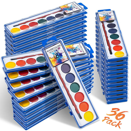 36 Pack Watercolor Paint Set, Washable Watercolor Paint Bulk for Kids, Water Color Paint with Paint Brushes, Ideal Gifts for Party Favors, School Supplies & Classroom Prizes, Art Activities, 8 Colors Jyusmile