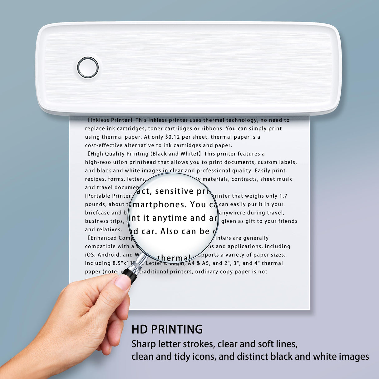 MinZhi Portable Thermal Printer,Wireless Printer Supports 8.5" X 11"US Letter&Legal,A4&A5 Paper,Bluetooth Inkless Travel Printer Compatible with Android iOS & Laptop for Office Travel Home MinZhi