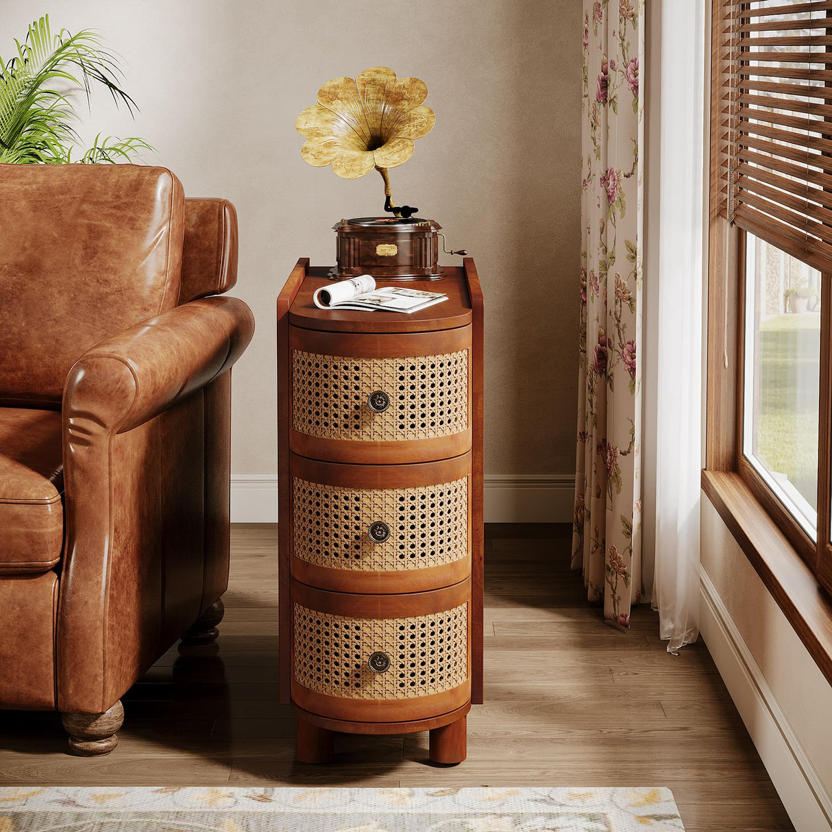 Tribesigns Solid Wood End Table, 3-Drawer Rattan Side Table, Night Stand with 3 Rattan Drawers and Exquisite Embossed Handles for Living Room, No Assembly Required (Walnut & Oak, 1PC) Tribesigns