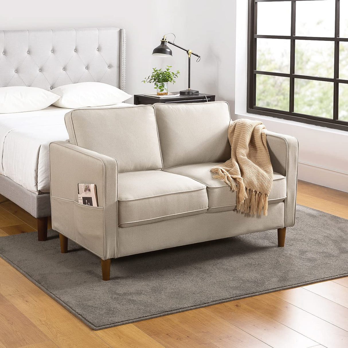 Mellow HANA Modern Linen Fabric Loveseat / Sofa / Couch with Armrest Pockets, Sand Grey Mellow