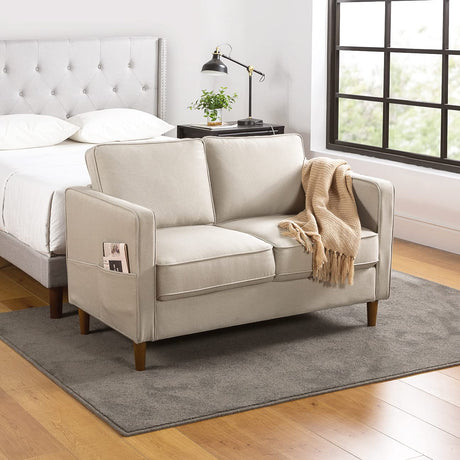 Mellow HANA Modern Linen Fabric Loveseat / Sofa / Couch with Armrest Pockets, Sand Grey Mellow