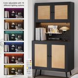Svimi Rattan Kitchen Pantry Storage Cabinet with Power Outlets, LED Lights, Pegboard - 62.6" Tall Hutch Sideboard Buffet Cabinet, Organized Storage for Kitchen, Dining Room and Hallway Black Svimi