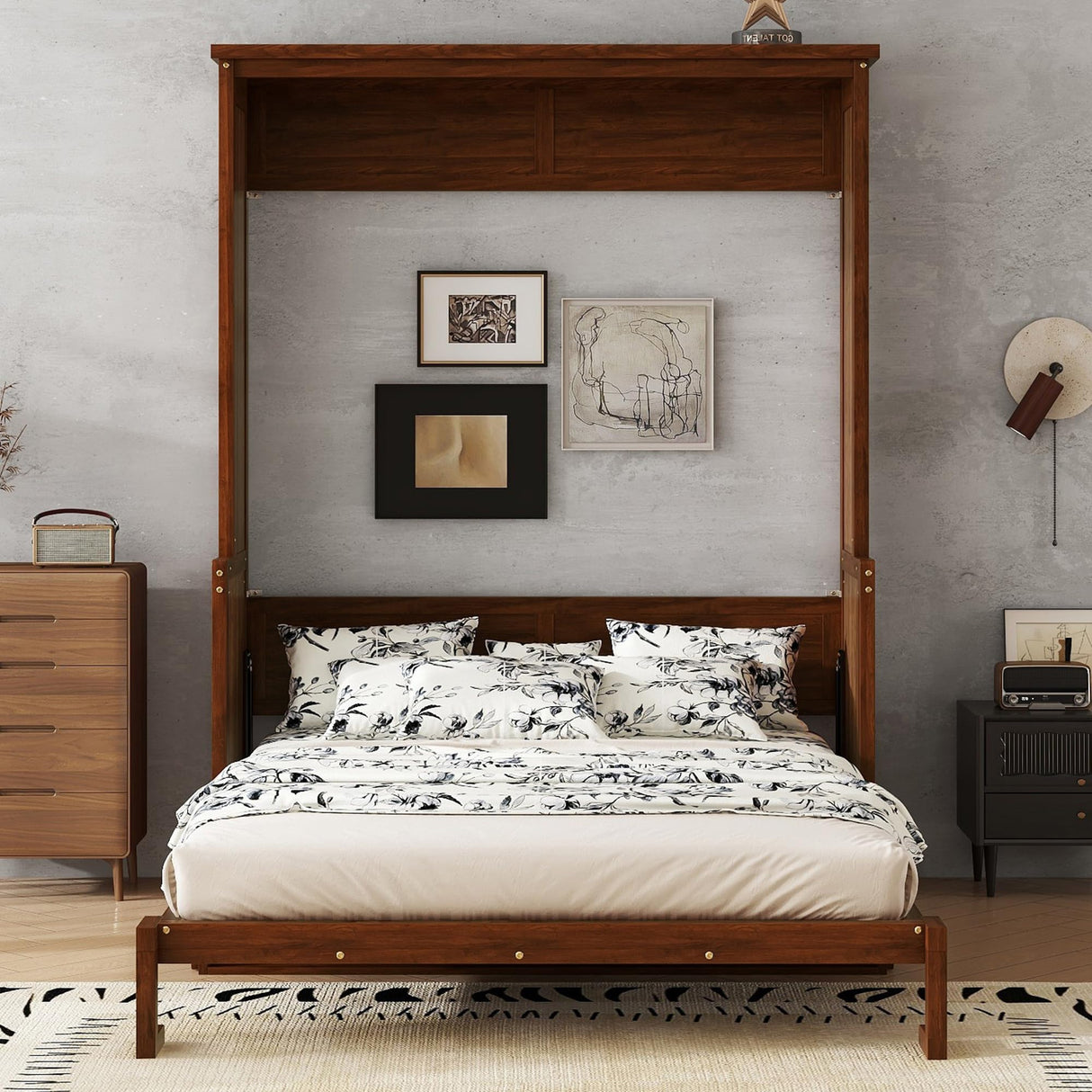 LUMISOL Queen Size Murphy Bed Wall Bed with Desk, Wood Murphy Bed Can be Folded into Cabinet, Space-Saving Hidden Wall Bed with Gas Struts, Walnut LUMISOL