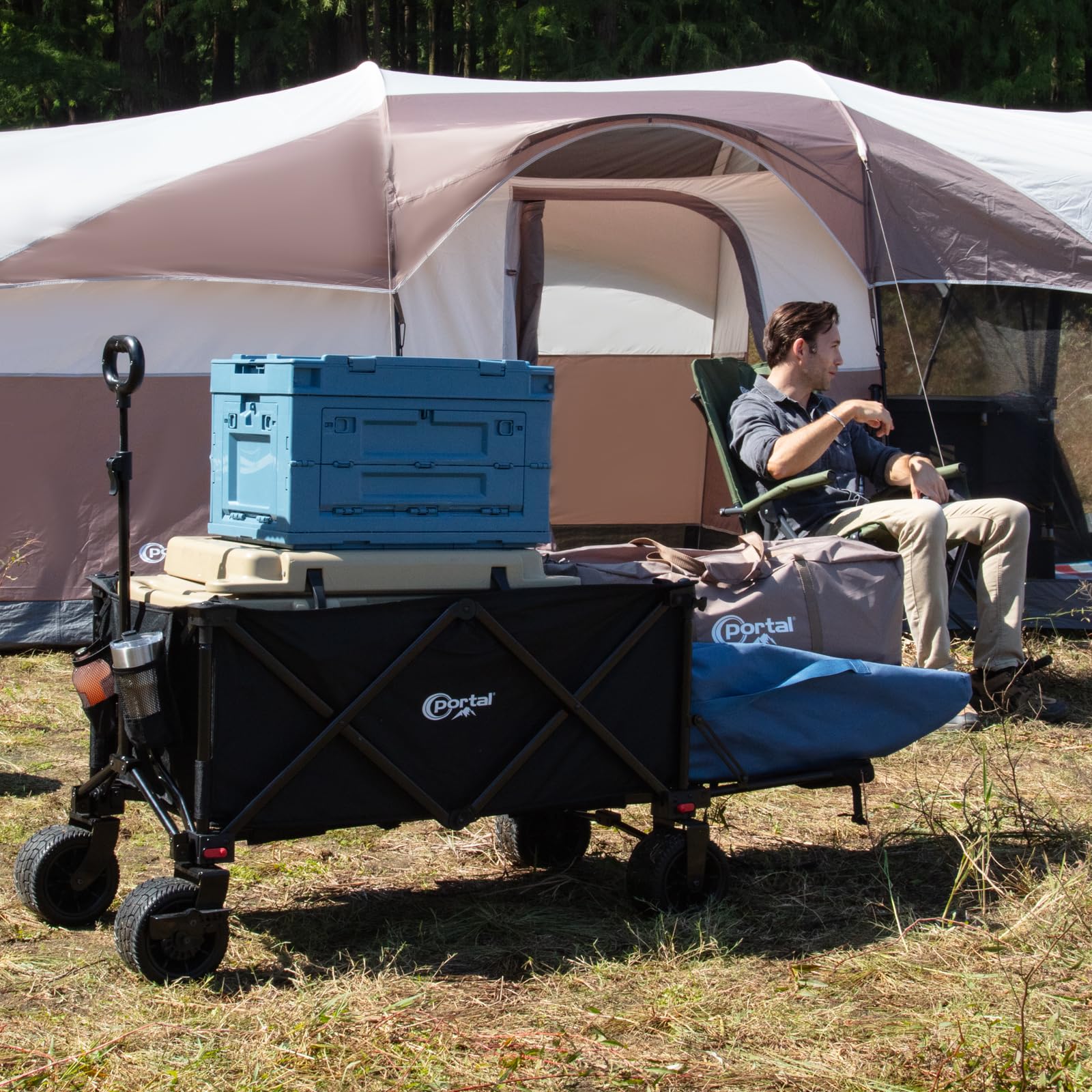 PORTAL 300L Large Capacity Foldable Wagon with Tailgate, 325LBS Collapsible Folding Utility Wagon with Big Wheels, Oversized Heavy Duty Garden Cart with Brakes for Camping, Grocery, Sports - WoodArtSupply