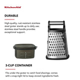 KitchenAid Gourmet 4-Sided Stainless Steel Box Grater for Fine, Medium and Coarse Grate, and Slicing, Detachable 3 Cup Storage Container and Measurment Markings, Dishwasher Safe, 10 inches tall, Black KitchenAid