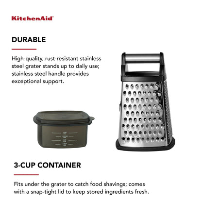 KitchenAid Gourmet 4-Sided Stainless Steel Box Grater for Fine, Medium and Coarse Grate, and Slicing, Detachable 3 Cup Storage Container and Measurment Markings, Dishwasher Safe, 10 inches tall, Black