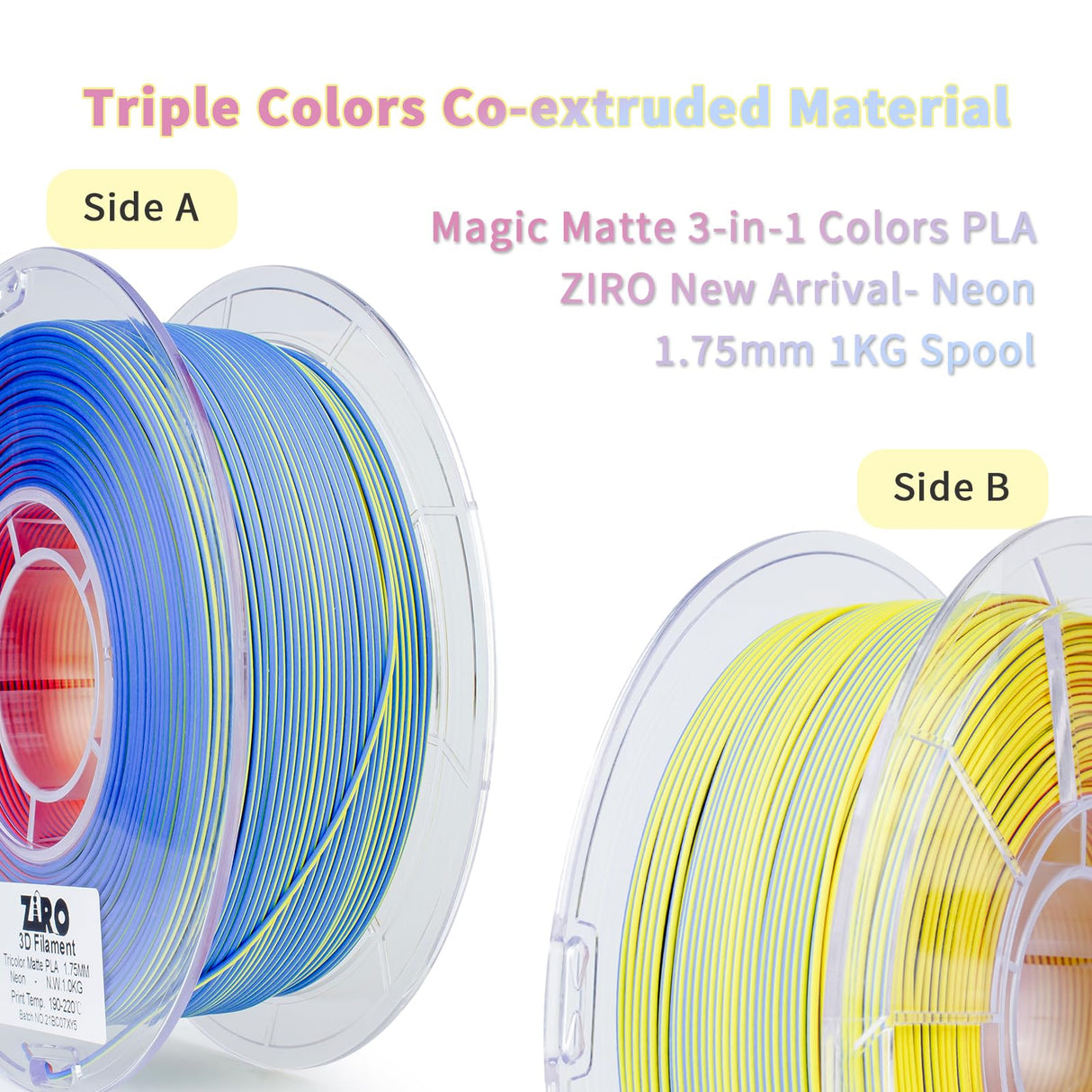 ZIRO Matte 3-in-1 Color Change PLA Filament 1.75mm, Magic Discoloration 3D Printer Filament, Different Color Coextrusion Chrome 3D Material, Fit Most FDM 3D Printers,1KG/2.2lb Spool, Neon ZIRO