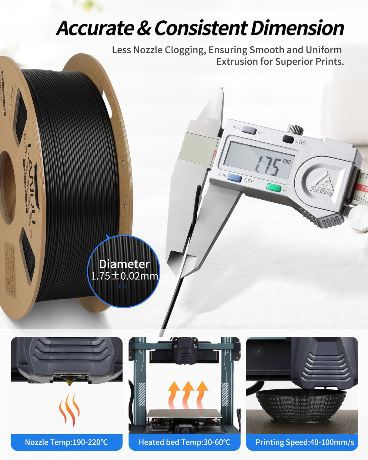 LANDU PLA Filament 1.75mm Black 1KG, 3D Printer Filament 1kg Cardboard Spool(2.2lbs), Dimensional Accuracy +/- 0.02mm, Neatly Wound 3D Printing Filament Fits for Most FDM 3D Printers, Black PLA LANDU