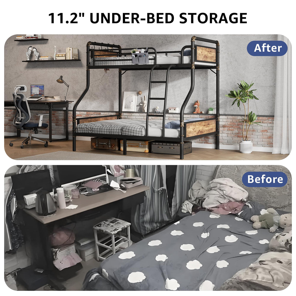 Jocoevol Metal Bunk Bed Twin Over Full, Industrial Bunkbeds Heavy Duty Bed with Safety Guard Rails and Space-Saving Design, Steel Bed for School, Bedroom (Vintage Brown) Jocoevol