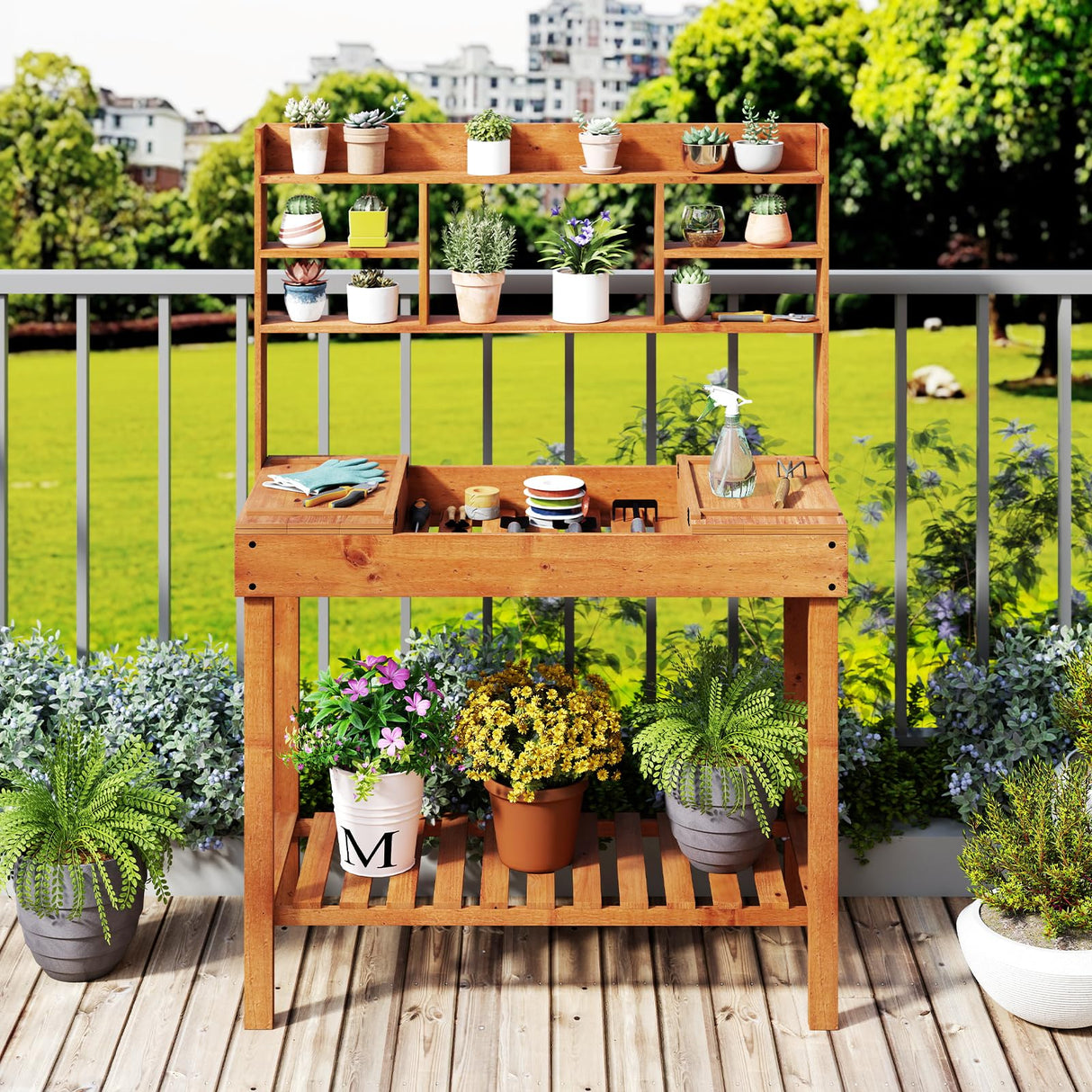 Happygrill Wooden Potting Bench Table, 61" Garden Planting Workstation w/ 3-Tier Open Shelf, Flip-up Tabletop, Bottom Storage Rack, Indoor Outdoor Flower Pot Bench for Backyard, Balcony, Lawn HAPPYGRILL