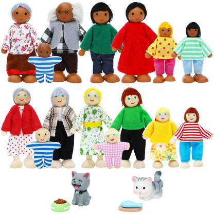 ONEST 20 Pieces Wooden Dollhouse Family Set Mini People Figures Dog Cat Sets Dollhouse Dolls Wooden Doll Family Pretend Play Figures Accessories for Pretend Dollhouse Toy