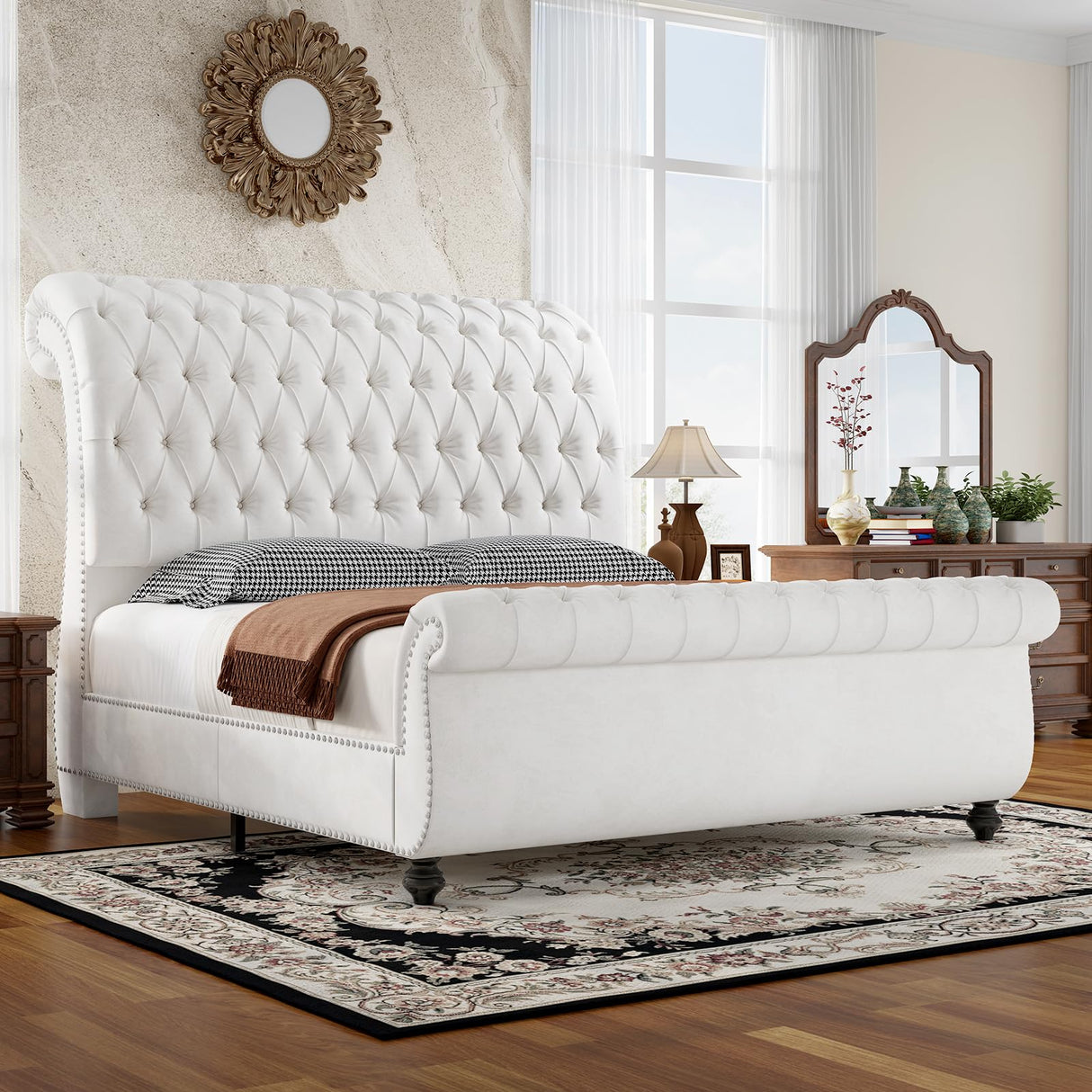 Jocisland King Size Bed Frame, Velvet Upholstered Platform Sleigh Bed with Scroll Headboard & Footboard, Button Tufted, No Box Spring Needed, White Jocisland