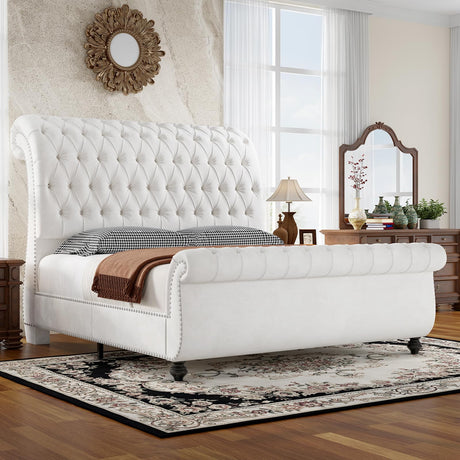 Jocisland King Size Bed Frame, Velvet Upholstered Platform Sleigh Bed with Scroll Headboard & Footboard, Button Tufted, No Box Spring Needed, White Jocisland