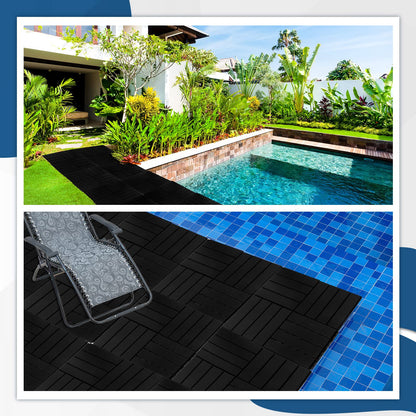 Treela 90 Pcs Plastic Interlocking Deck Tiles 12 x 12 Inch Patio Deck Tiles Waterproof Outdoor Flooring Composite Decking Boards Floor Decking Tiles for Porch Poolside Balcony Backyard (Black)