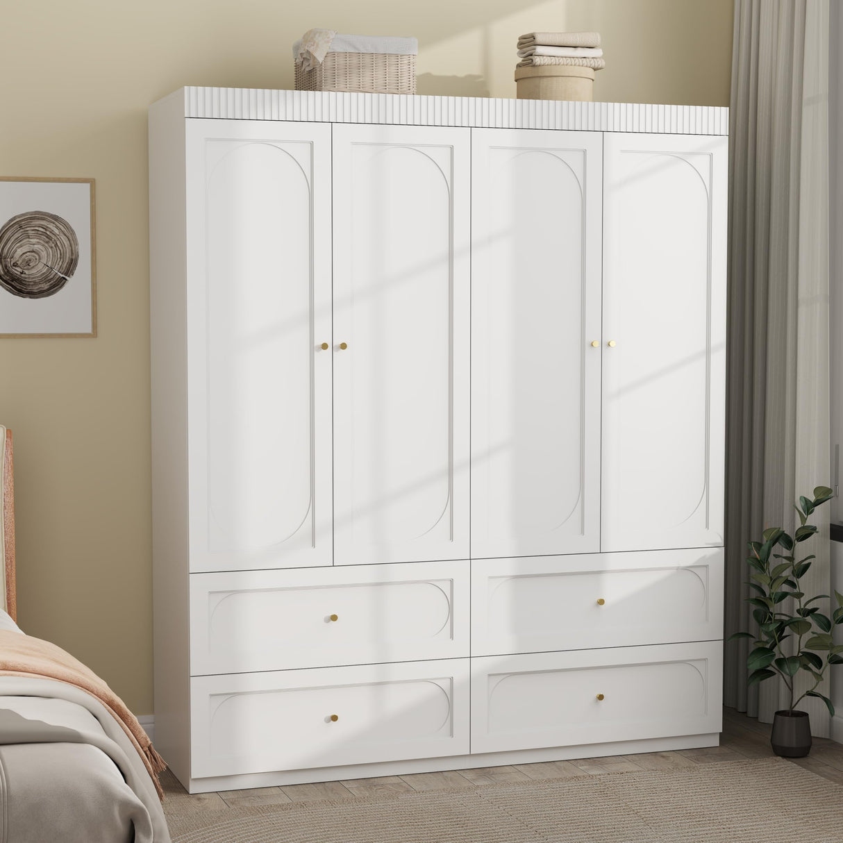 Mhsatyrs White Armoire Wardrobe Closet: 74" Tall Wardrobe Closet with 4 Doors, Wood Large Armoire with 4 Drawers, Modern Bedroom Armoires with Hanging Rod (White) Mhsatyrs
