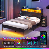 Rolanstar Bed Frame Full Size with Bookcase Storage Headboard, Slide Out Bedside Storage, Bed with Charging Station & LED Lights, Heavy Duty Metal Slats, No Box Spring Needed, Noise Free, Black Rolanstar