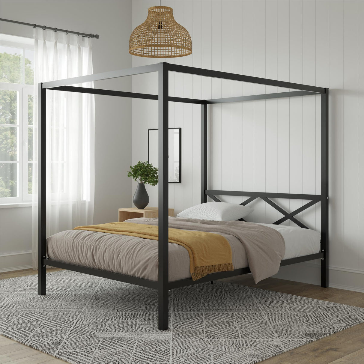 DHP Remna Metal Canopy Platform Bed Frame with Headboard, Queen. Black DHP