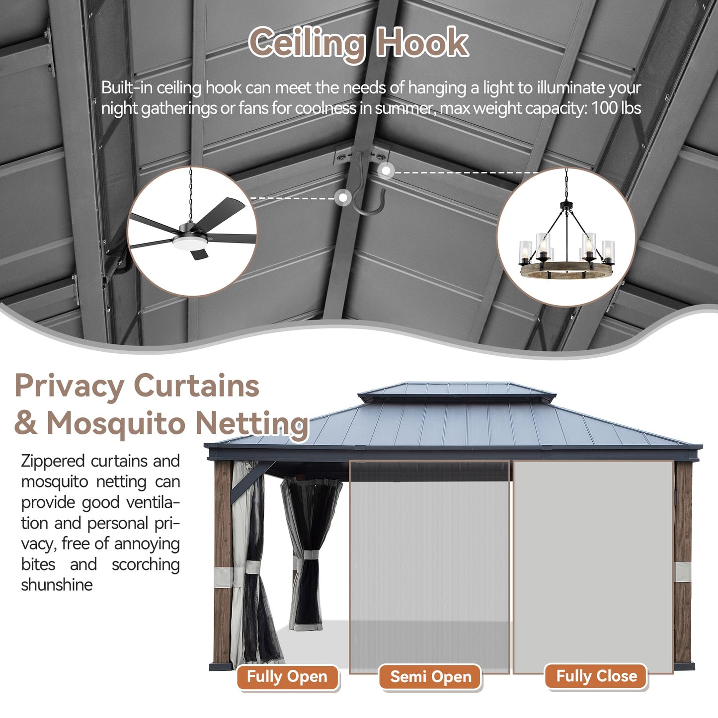 Gardenbee 12x16 ft Wood-Grain Hardtop Gazebo - Outdoor Large Gazebo with Double-Vented Top Rustproof Aluminum Frame, Curtains Included, Suitable for Patio Backyard(Dark Brown Wood Grain) - WoodArtSupply