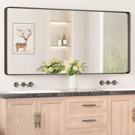 Keonjinn Black Metal Framed Bathroom Mirrors for Wall, 60” x 28” Large Rounded Rectangle Bathroom Vanity Mirror, Matte Black Modern Decorative Mirror, Anti-Rust, HD Tempered Glass(Horizontal/Vertical) Keonjinn