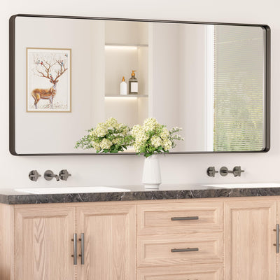 Keonjinn Black Metal Framed Bathroom Mirrors for Wall, 60” x 28” Large Rounded Rectangle Bathroom Vanity Mirror, Matte Black Modern Decorative Mirror, Anti-Rust, HD Tempered Glass(Horizontal/Vertical)