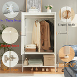 MtuxuYR Natural Rattan Wardrobe Closet，Elegant Handle Bedroom Armoire with Aluminum Hanging Rod,Wooden Freestanding Wardrobe Armoires with 2 Doors for Apartment Office(White) MtuxuYR