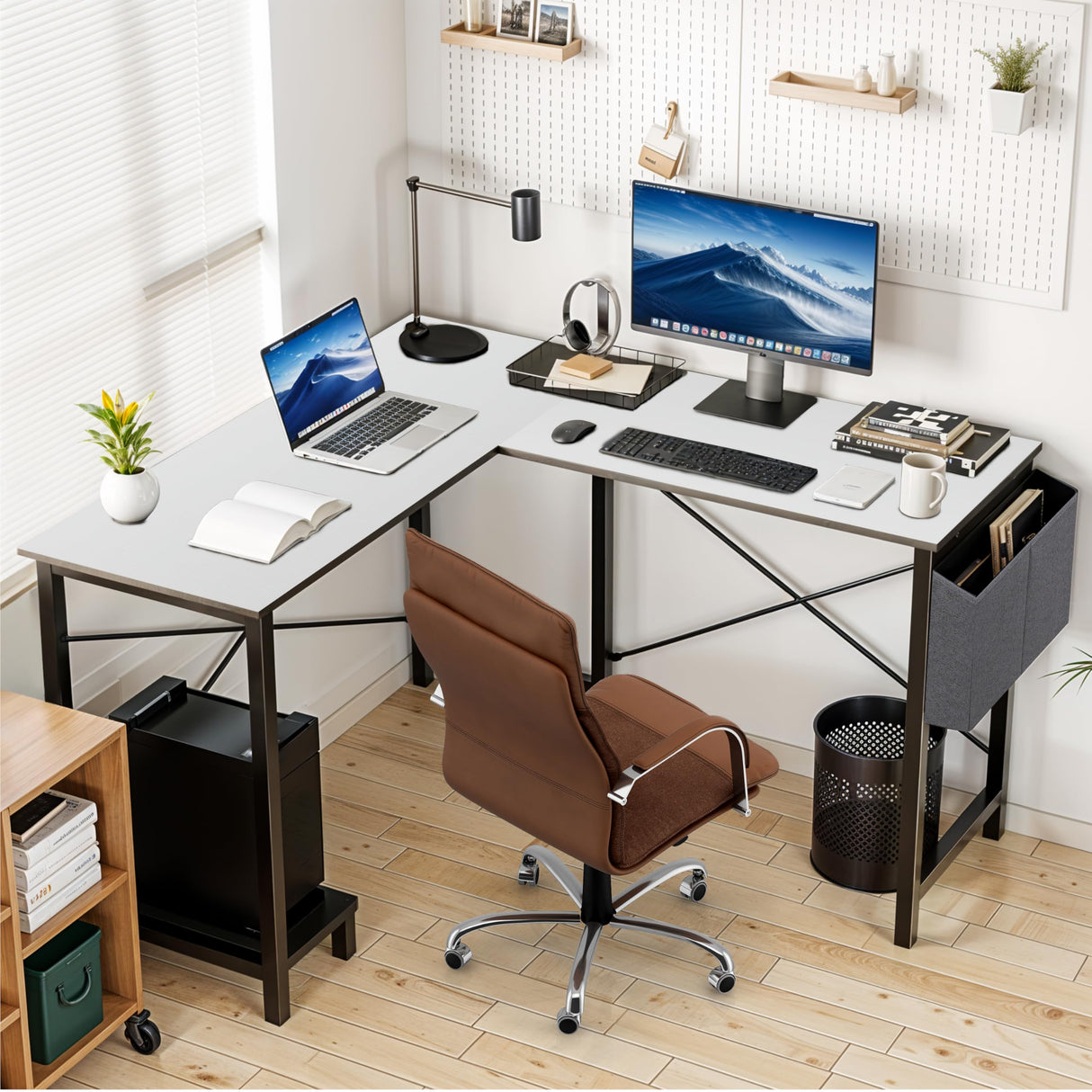 L Shaped Desk Gaming Computer 50 Inch Reversible Corner Table PC for Writing Study Student with Wood Tabletop Metal Frame CPU Stand Side Bag for Home Office Small Place, White HealSmart