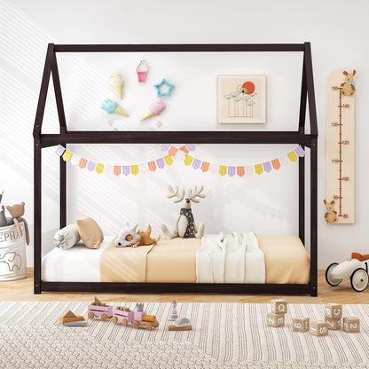 Giantex Espresso Twin House Bed Frame with Canopy - Montessori-Inspired Low Floor Bed for Kids and Teens - WoodArtSupply