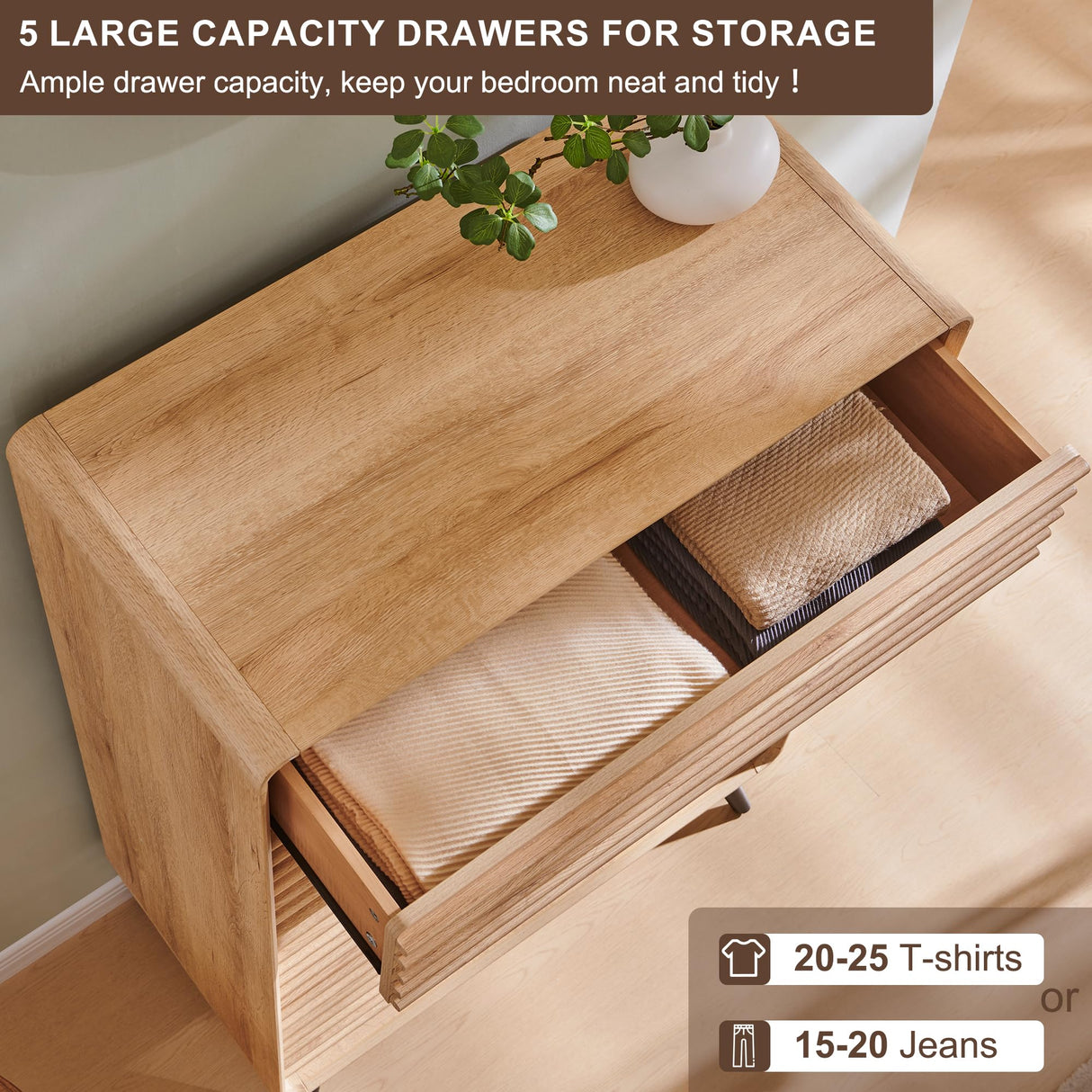 RedLemon 5 Drawers Dresser for Bedroom, 48'' Tall Mid Century Modern Wood Fluted Dresser, Chest of Drawers with Tapered Leg for Bedroom, Living Room, Hallway, Closet,Natural Oak RedLemon